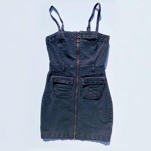 Dark Grey denim utility front zipper strap dress Women's Small Forever 21 Fall